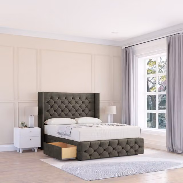 Sloomy Luthor Dumfries Wingback Bed Set with 2 Drawers and Floor Standing Headboard, Grey Velvet, W/D/H: 140 x 200 cm