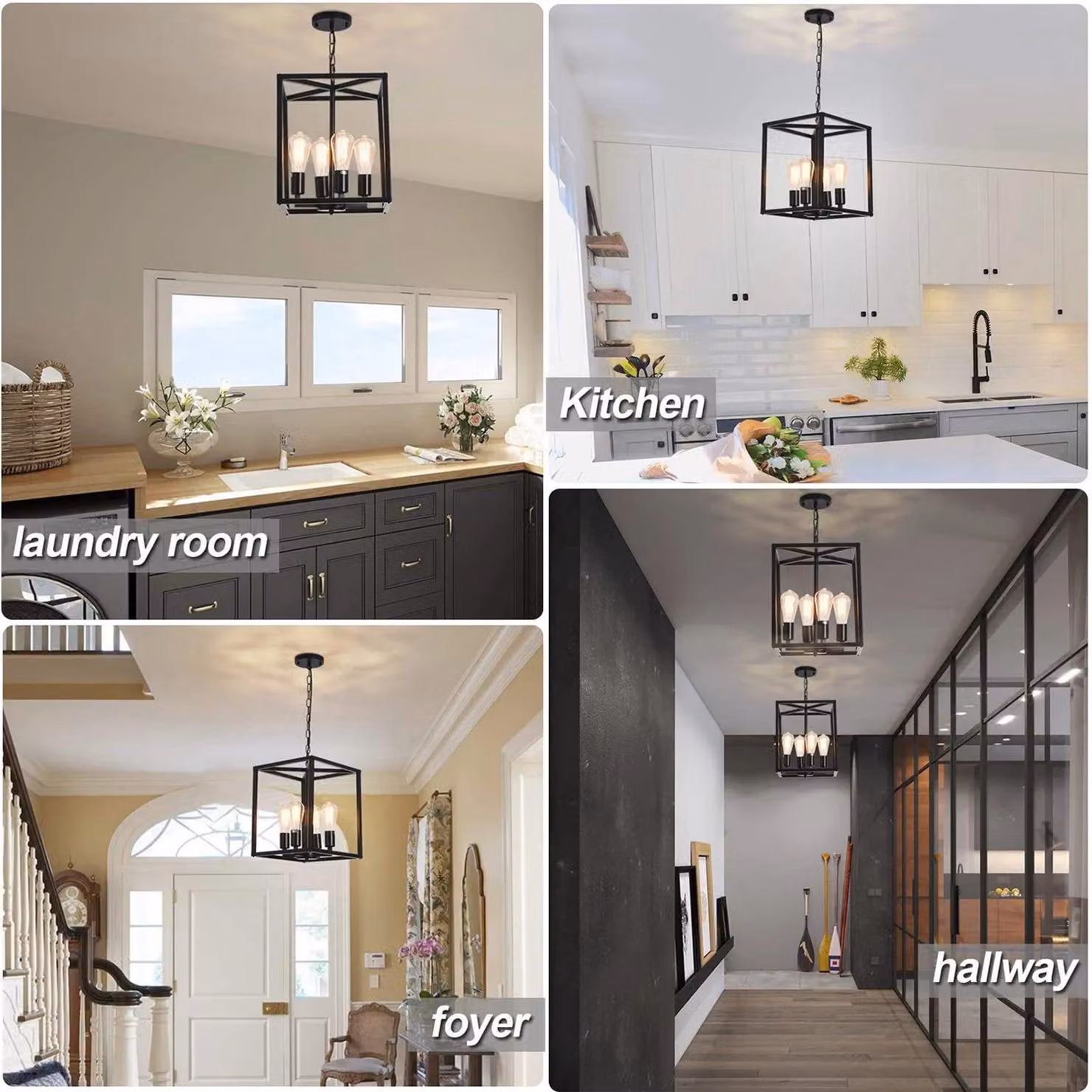 Garwarm Black 4-Light Industrial Vintage Lantern Pendant Light with Transparent Glass and Height Adjustable Metal Suspension – 4