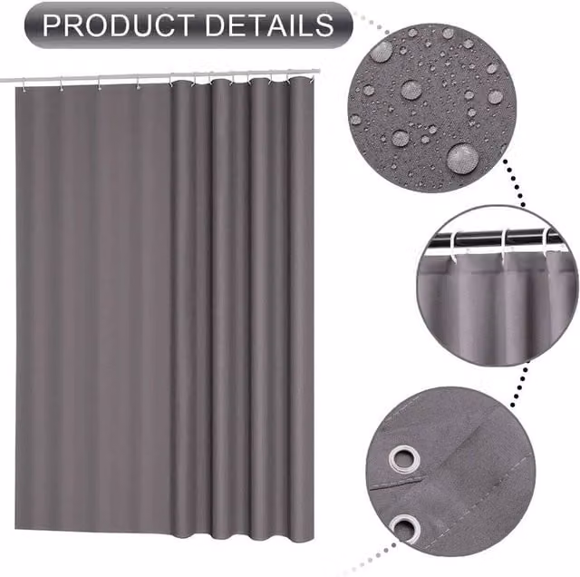 NESTLUNE Grey Fabric Bathroom Shower Curtain, Waterproof and Mould Resistant, W: 180 cm, H: 200 cm