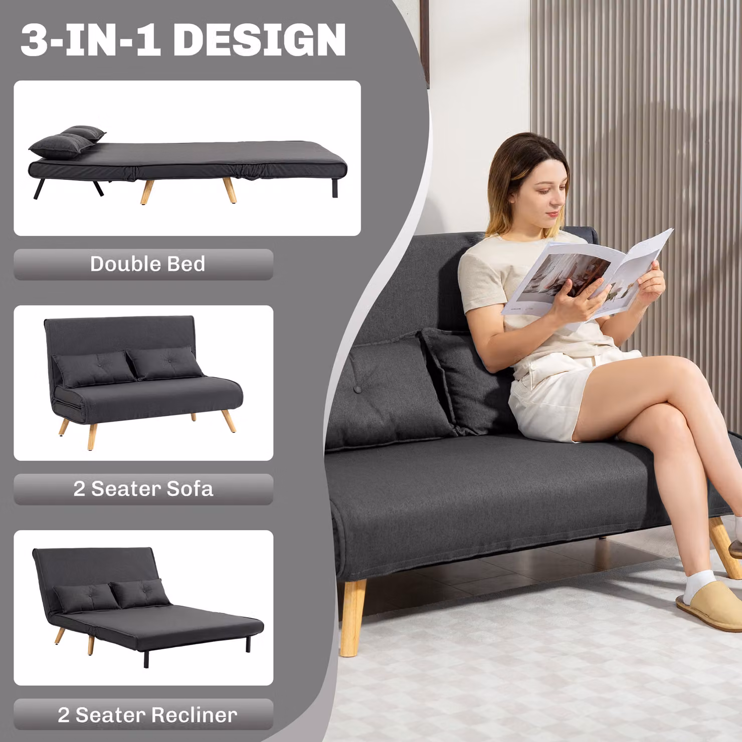 HOMCOM Two-Seater Click-Clack Sofa Bed in Charcoal Grey with Cat Scratch Resistant Fabric and Scatter Cushions – 4