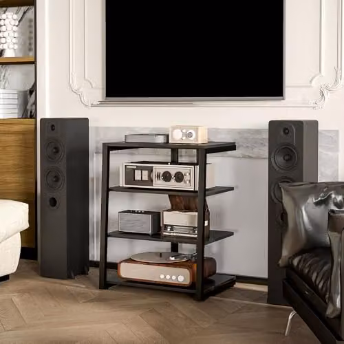 HOMCOM Modern Black Metal Media Storage Shelf – 7