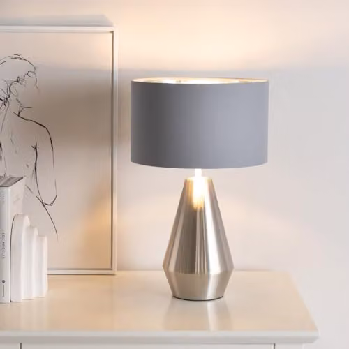 ValueLights Jax Brushed Chrome Touch Table Lamp with Grey Inner Shade and Warm White Bulb – 2