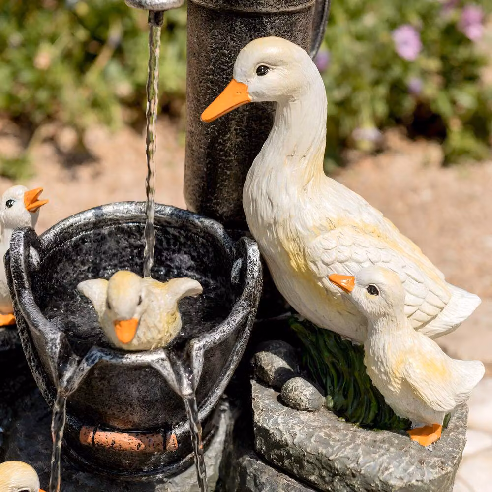 Primrose Duck Family Water Feature Garden Fountain with LED Lights, Beige, Height: 56 cm – 3