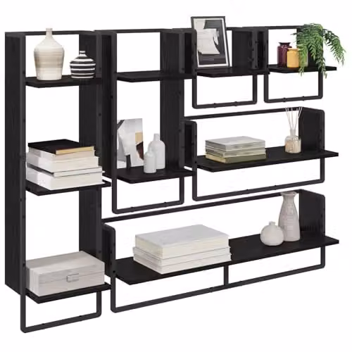 vidaXL Set of 6 Wall-Mounted Shelves in Black Oak, W/D/H: 100 x 25 x 30 cm