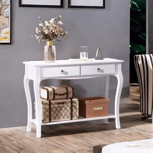 Rafaelo Mobilia Modern White Console Table with 2 Drawers and Shelf, W: 76 cm, D: 33 cm, H: 33 cm – 1