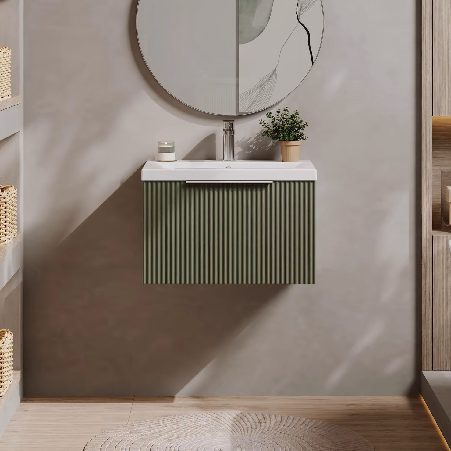 Balterley Fluted Wall Hung 1 Drawer Vanity Basin Unit and Basin, Satin Green, Width: 600 mm – 2