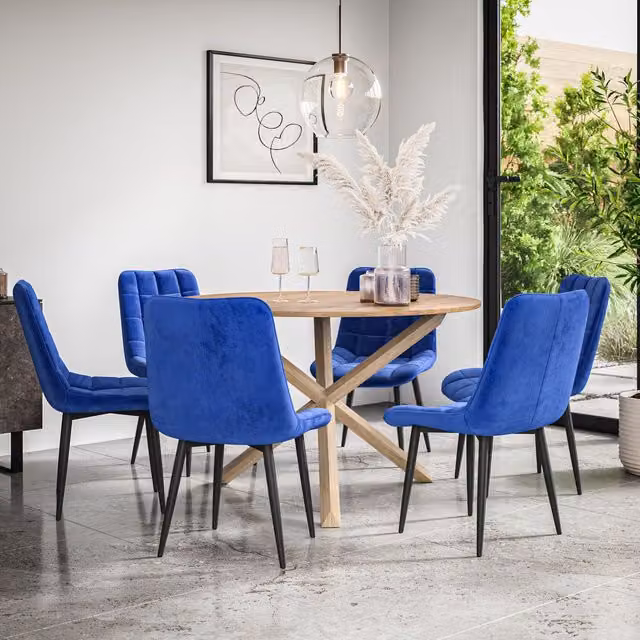 More4Homes Malvern Round Dining Table and Set of 6 Blue Nova Velvet Chairs with Oak Top and Solid Oak Legs, Diameter: 120 cm, Height: 75 cm – 1