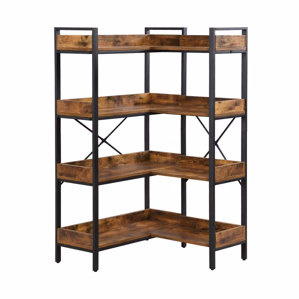 Mona Vale Furniture Rustic Industrial 4-Tier L-Shaped Corner Shelf Unit in Brown – 2