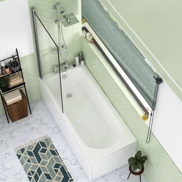 Royal Bathrooms Breeze White Acrylic Round Single Ended Shower Bath Set with Square Screen, Front and End Panel, W: 170 cm, D: 75 cm