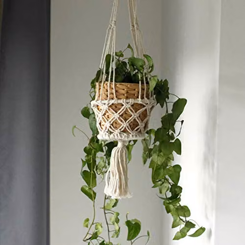KDMD White Macrame Hanging Plant Holder for a Single Small Pot – 1