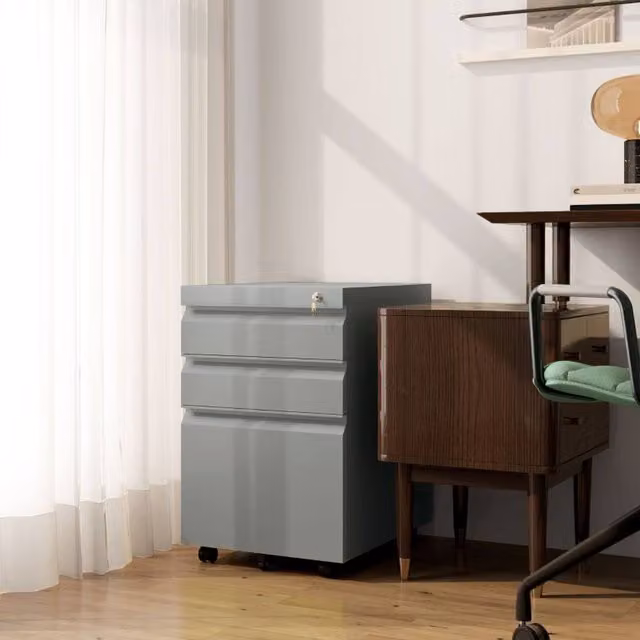 STILVORA 3-Drawer Metal Filing Cabinet with Lock and Castors, Grey, W/D/H: 48 x 39 x 60 cm
