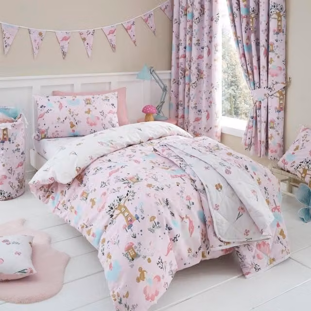 Happy Linen Company Kids Enchanted Forest Unicorn Reversible Duvet Cover Bedding Set, Pink, W: 140 cm, H: 200 cm
