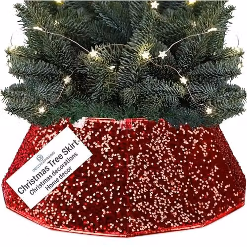 Deco Express Red Sequin Christmas Tree Skirt, Round Textile Base Cover, Diameter: 68 cm
