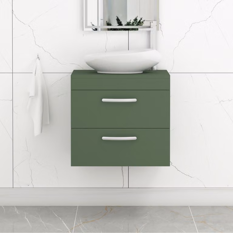 Royal Bathrooms Turin Wall Hung Vanity Unit with 2 Drawers and Nova Countertop Basin, Matt Green with Matt Black Handles, Width: 60 cm