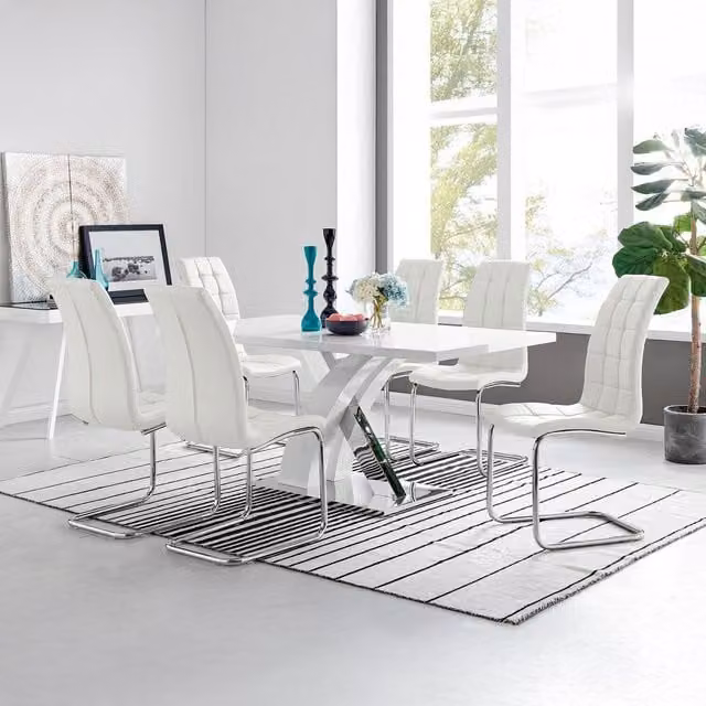 FurnitureboxUK Atlanta Rectangle White High Gloss Dining Table and 6 Murano Chairs with Chrome Metal Details