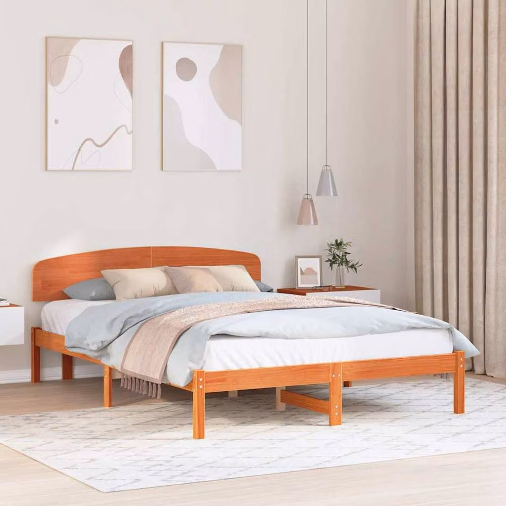 Berkfield Home Sturdy Solid Wood Pine Bed Frame with Headboard in Wax Brown, W/D/H: 160 x 200 cm – 2
