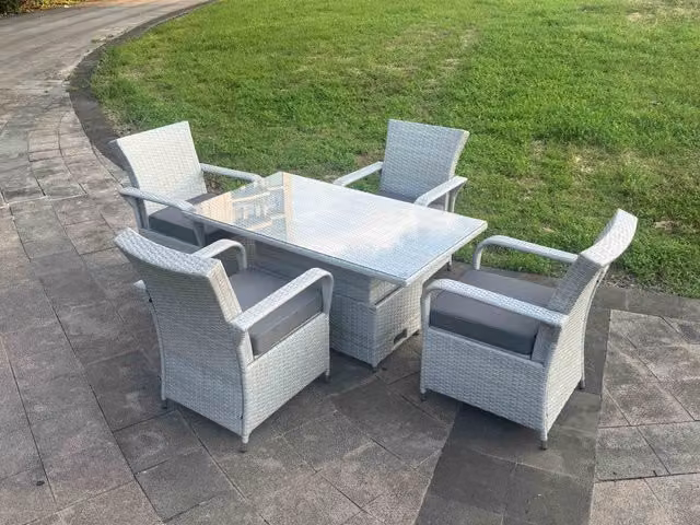 Fimous Rattan Outdoor Garden Furniture Set with Rising Table and 4 Chairs in Light Grey