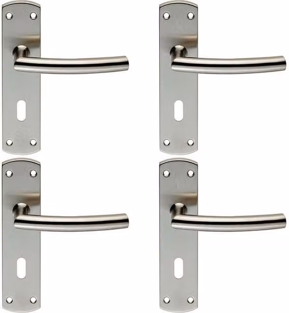Loops 4x Curved Bar Lever Door Handle with Lock Backplate in Brushed Silver Stainless Steel, W/D/H: 17.2 x 4.4 x 0.8 cm