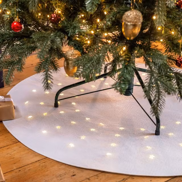 Christow Christmas Tree Mat with LED Stars, White, Diameter: 98 cm