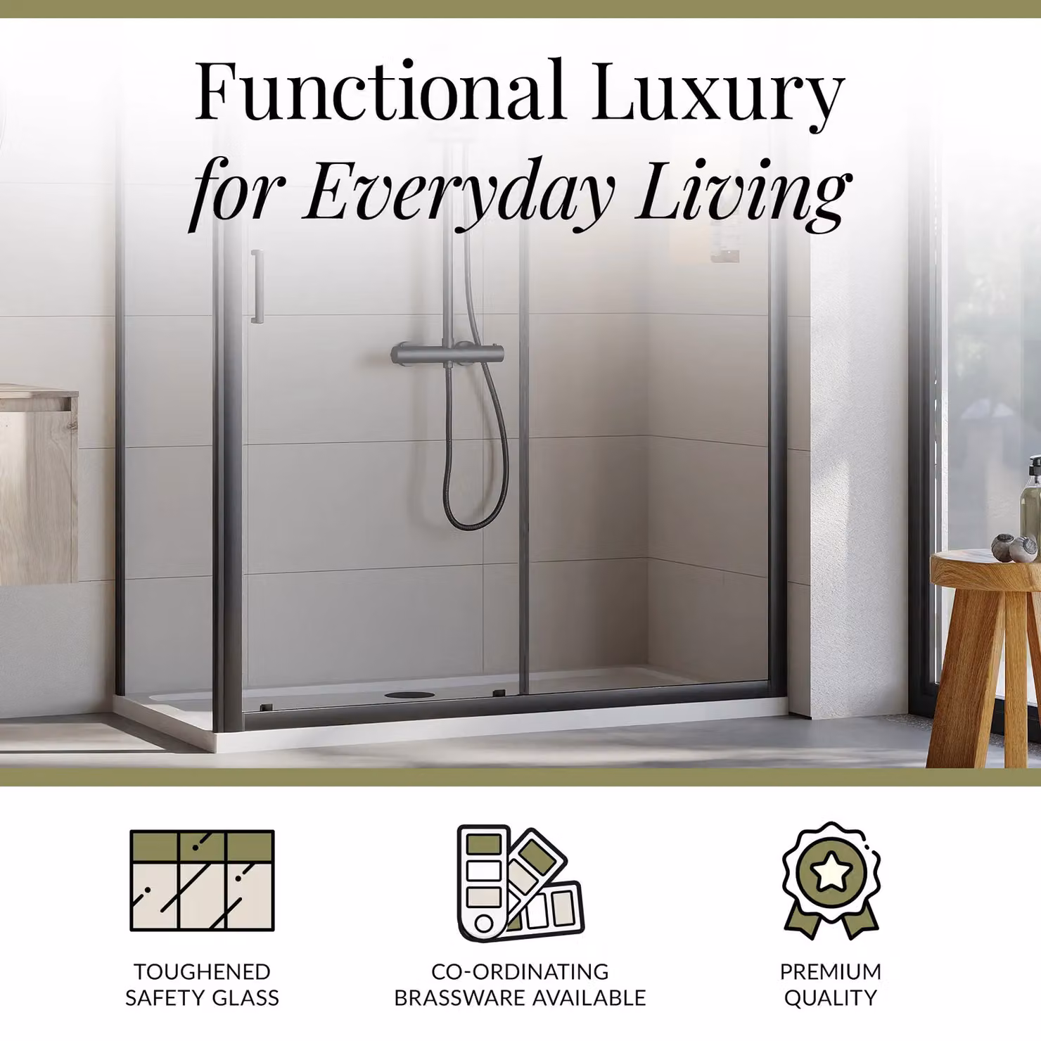 Balterley Ruwa Sliding Shower Suite with Rectangular Tray and 6mm Glass Door Panel, Black, W: 1400 mm, D: 700 mm, H: 190 mm – 3