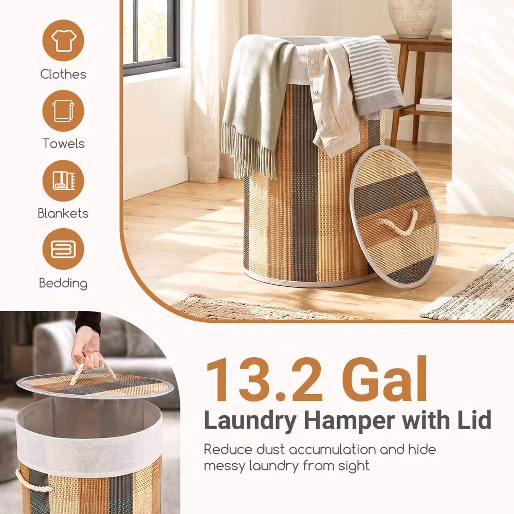 Gymax 50L Round Bamboo Laundry Hamper with Removable Lid and Handles in Brown – 4