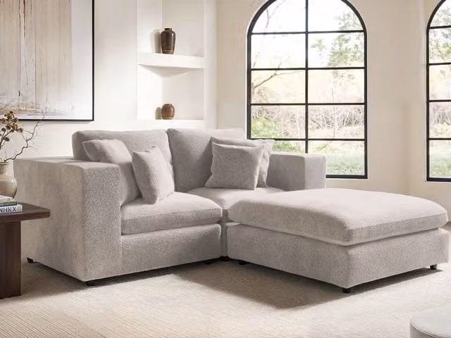 Solace+Co Asher 3 Seater Beige Boucle Sofa with Matching Ottoman and Scatter Cushions