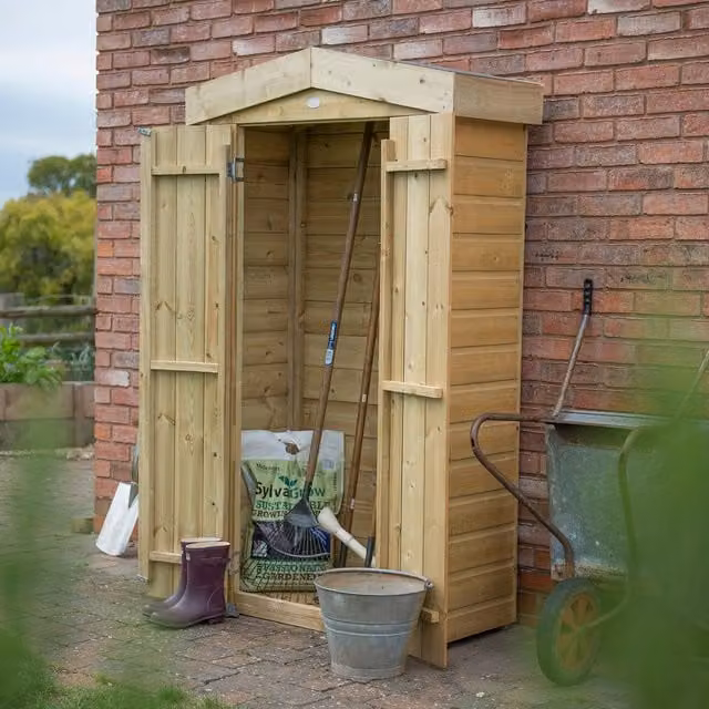 Forest Shiplap Tall Garden Store Apex with Double Doors and Gable Roof in Brown Wood