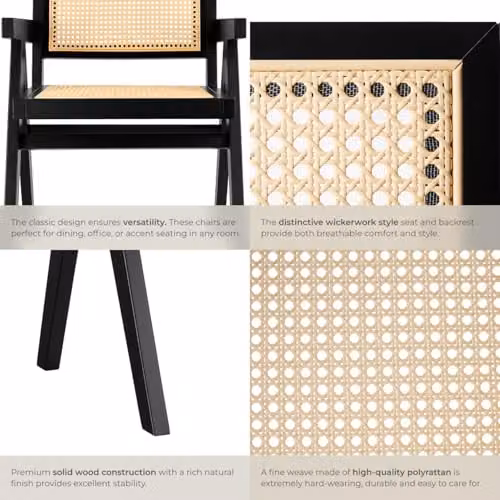 tectake Set of 4 Mid-Century Modern Dining Chairs in Black with Solid Wood Frame and Viennese Wickerwork – 5