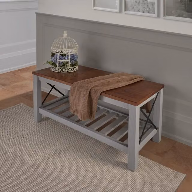 Mercers Furniture Cottage Solid Wood Pine Hallway Bench and Shoe Rack in Grey