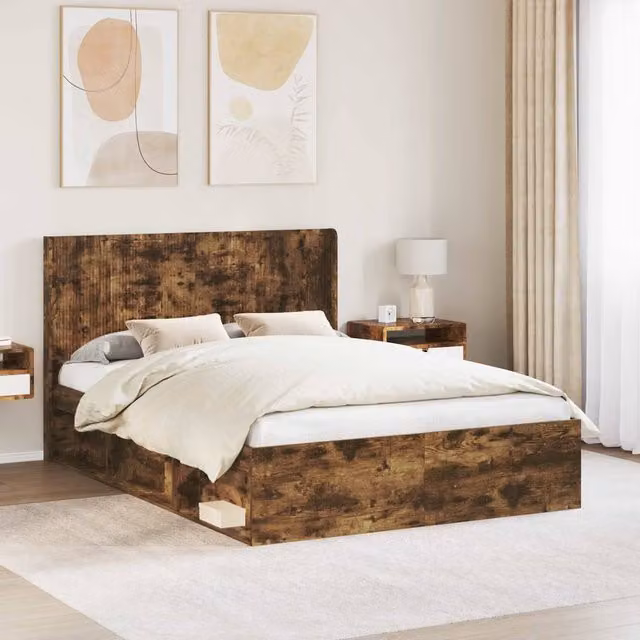 Berkfield Home Modern Bed Frame with Headboard and Side Compartment Storage in Smoked Oak Brown, W: 135 cm, L: 190 cm – 1