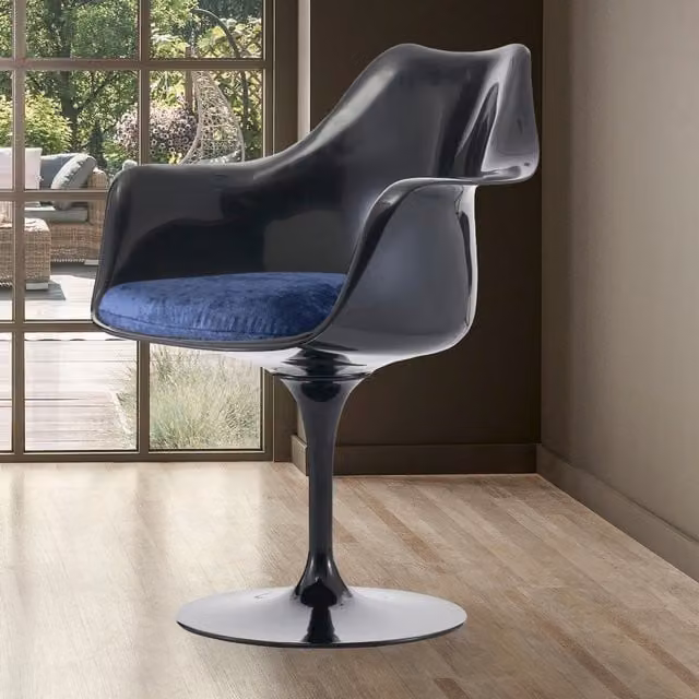 Fusion Living Modern Black Tulip Armchair in Blue with Glossy Metal Accents