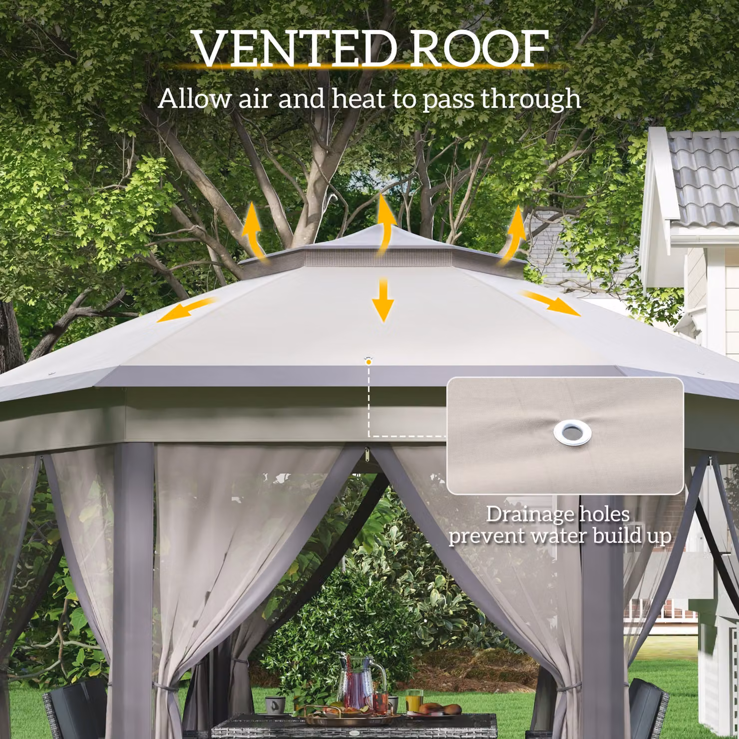 Outsunny Hexagonal Pop-Up Garden Gazebo with Double-Tier Roof and Mosquito Netting, Beige, W: 400 cm, D: 340 cm, H: 285 cm – 4