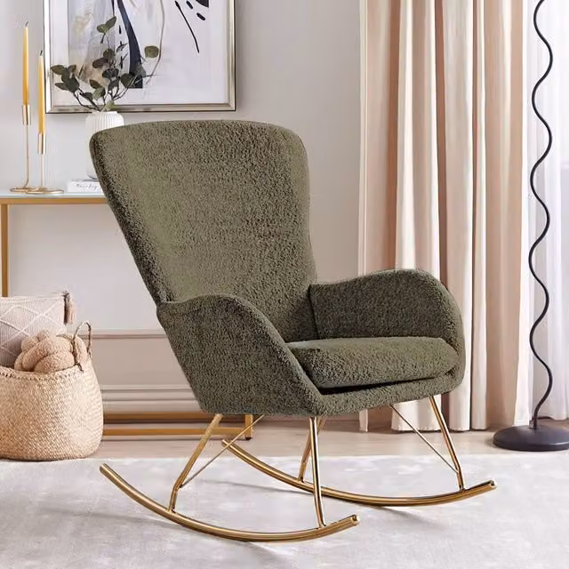 Wyld and Coco Green Bouclé Rocking Chair with Armrests and Metal Legs