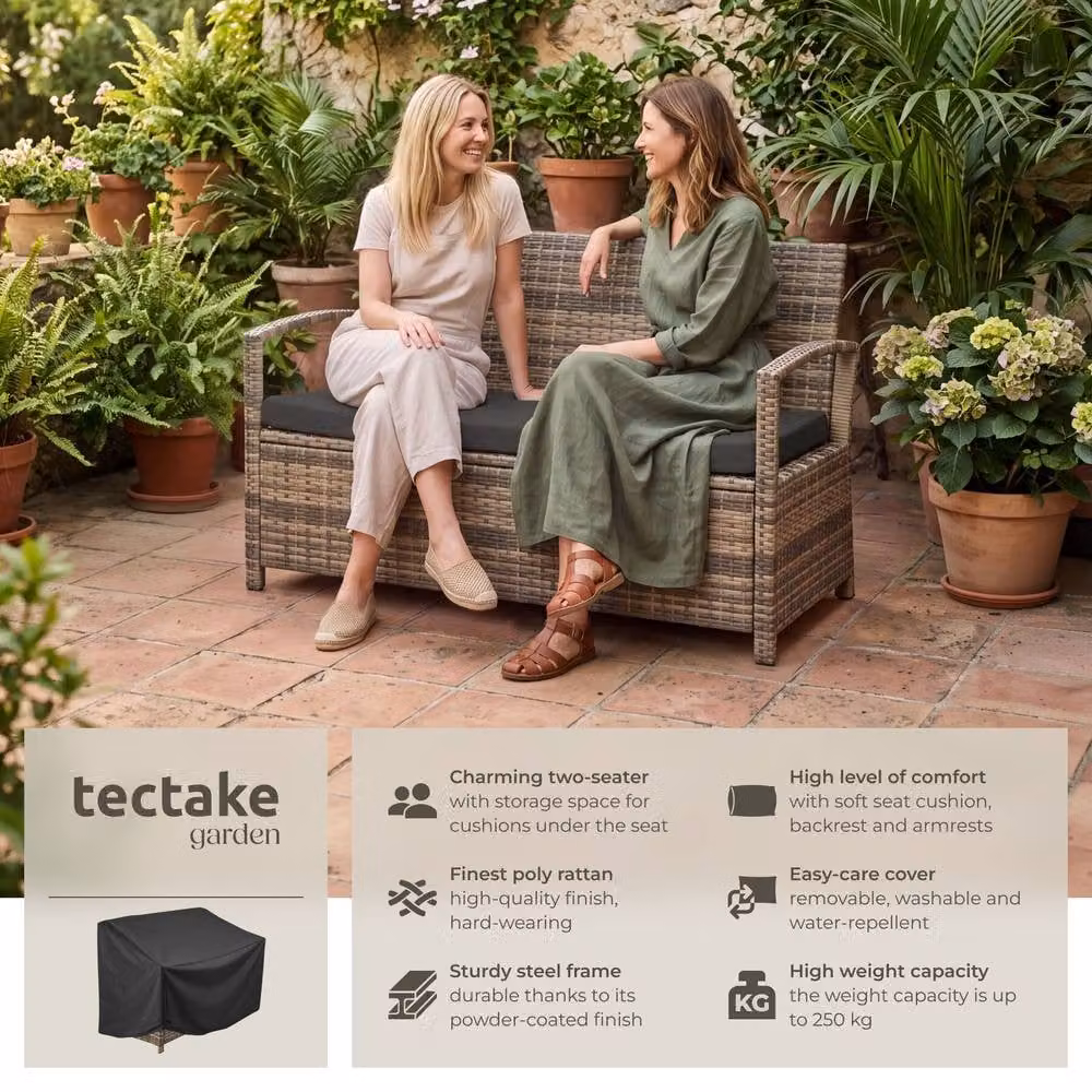 tectake Vecchia 2 Seater Rattan Garden Bench in Sand and Beige with Armrests – 2