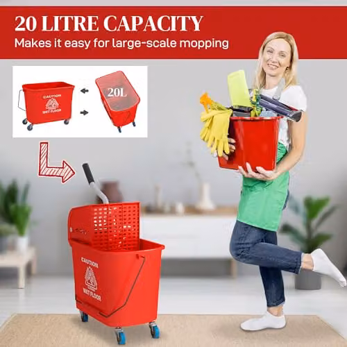 HOMCOM 20L Compact Plastic Mop Bucket with Wringer and Wheels in Red – 3
