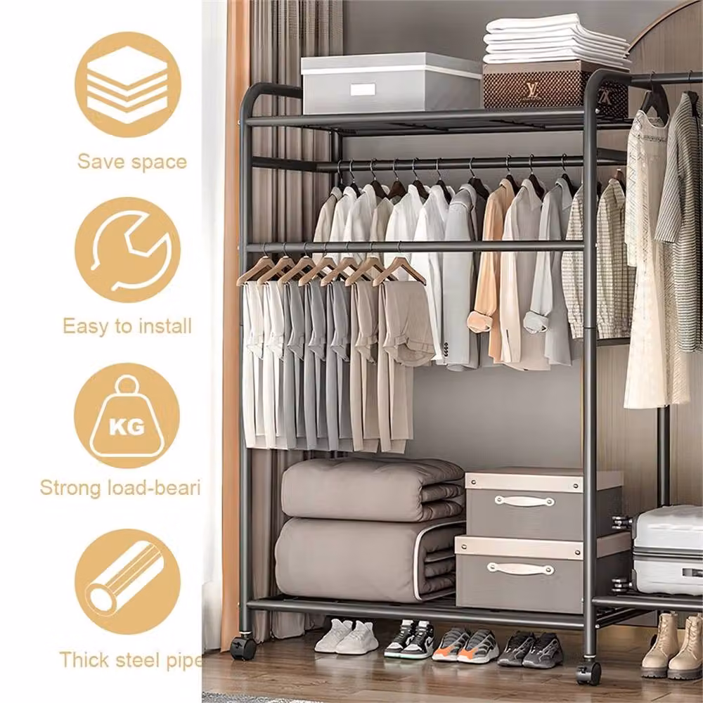PAWNORA Heavy Duty Double Metal Clothes Rail Rack in Black, H 165 cm x W 150 cm – 3