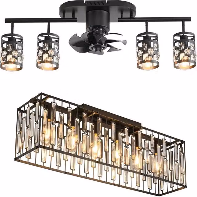 Garwarm Modern Black Crystal Ceiling Fan Light and Chandelier Set with Remote Control