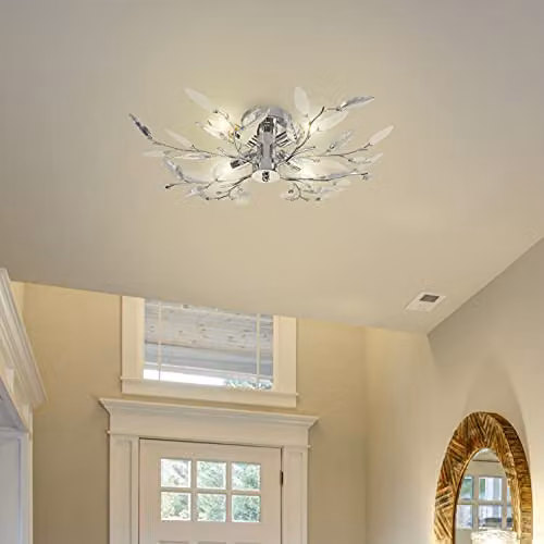 Modern Organic Birch Semi Flush Ceiling Light with Clear and White Leaves by Happy Homewares in Silver and Chrome – 2