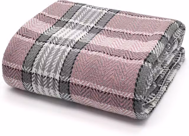 Ashley Mills Woven Cotton Checked Throw with Fringes in Pink and Grey, W: 152 cm x L: 254 cm