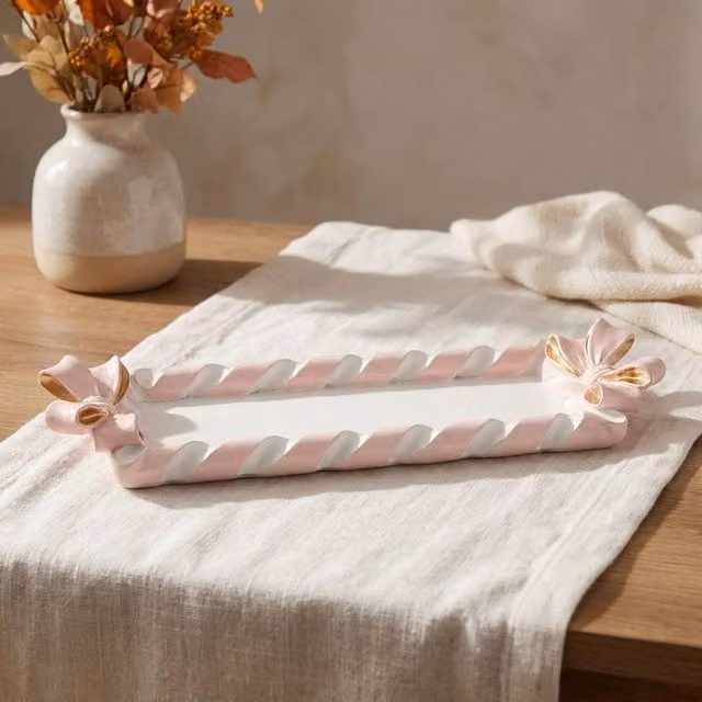 Garden Greatness Resin Candy Cane Bow Trinket Tray, Multicolour Striped Christmas Tabletop Decor
