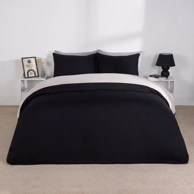 Brentfords Reversible Plain Dyed Microfibre Duvet Set and Pillowcase in Black, W: 180 cm, L: 200 cm