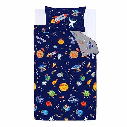 Catherine Lansfield Lost In Space Reversible Childrens Duvet Cover and Pillowcase Set, Blue and Grey, Duvet Cover: 200 x 200 cm, Pillowcase: 50 x 75 cm – 4