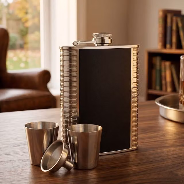 Orsina Ribbed Stainless Steel Hip Flask Set in Black with Shot Glasses and Funnel – 2