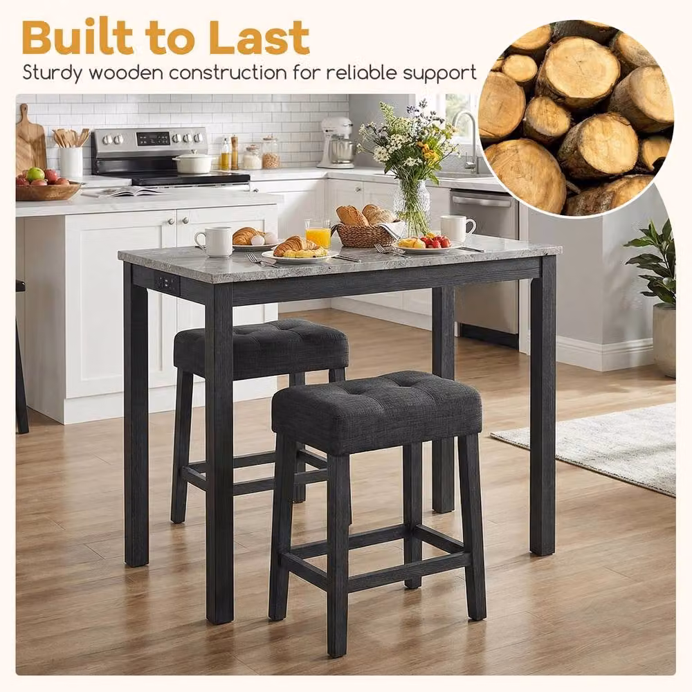 Costway Faux Marble Bar Table Set with Charging Station and 2 Padded Stools in Grey – 4