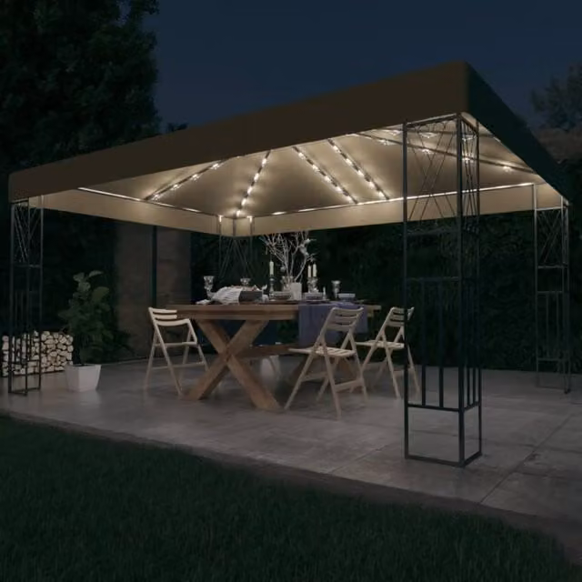 Berkfield Home Gazebo with LED String Lights, Beige Polyester Fabric, W: 4.0 m, D: 3.0 m, H: 3.0 m – 1