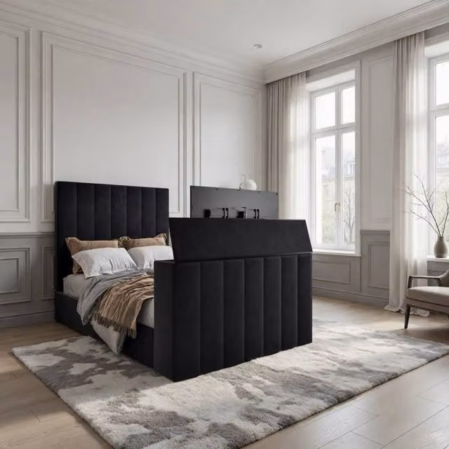 KDMD Ardingly Bespoke Super King Upholstered Velvet TV Bed Frame in Black