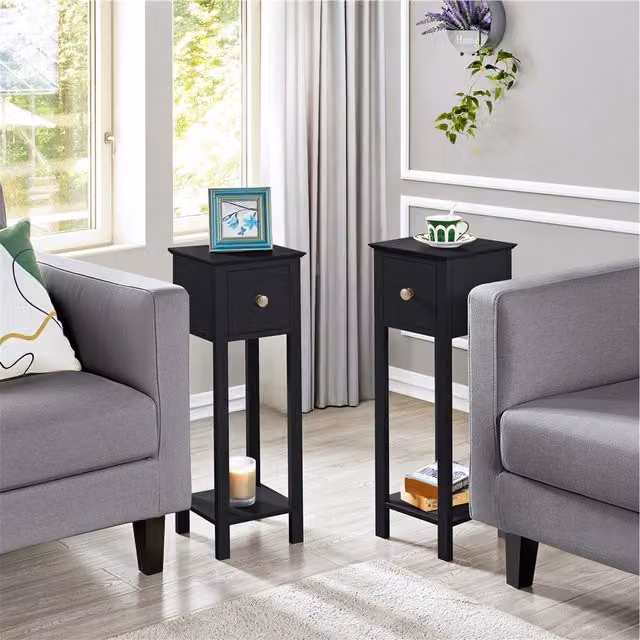 Yaheetech Set of 2 Slim Minimalist Bedside Tables in Black