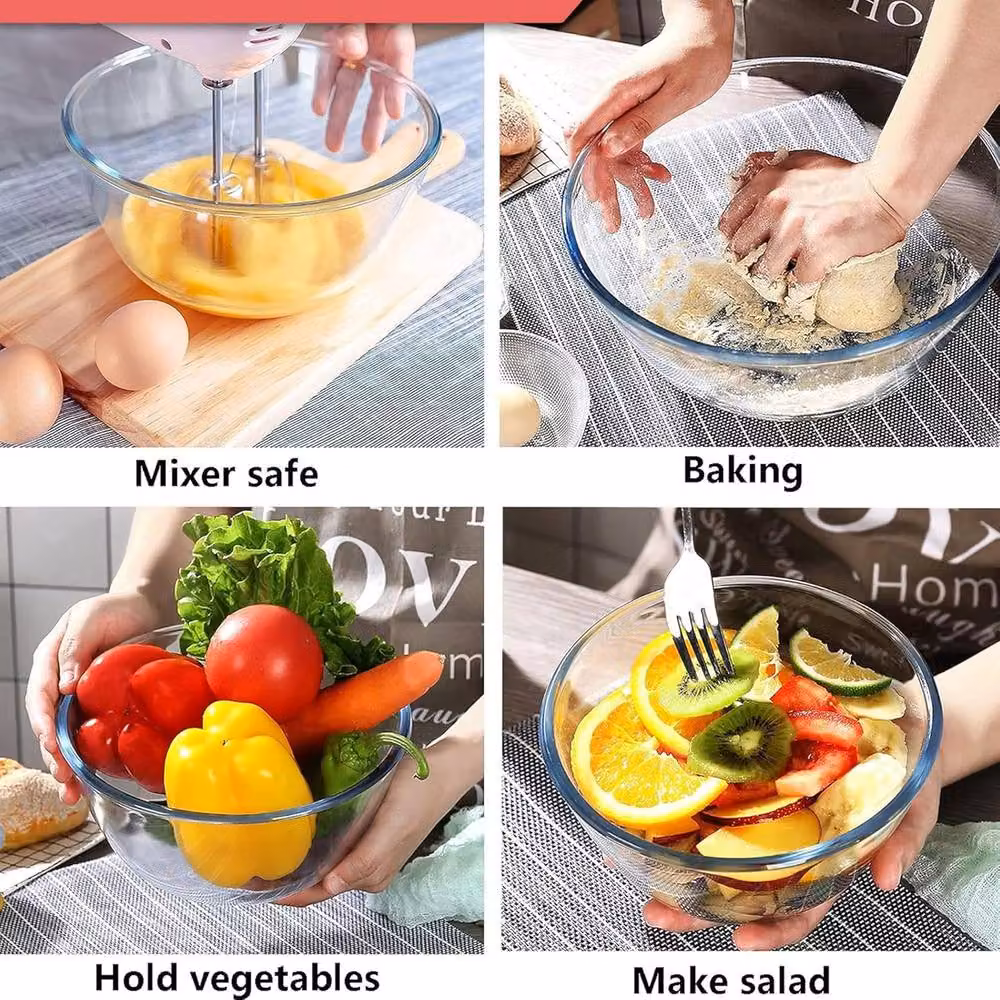 ATEK 5 Piece Airtight Glass Food Storage Container and Mixing Bowl Set with Lids, Stackable and Nestable, Multicolour and Transparent – 6