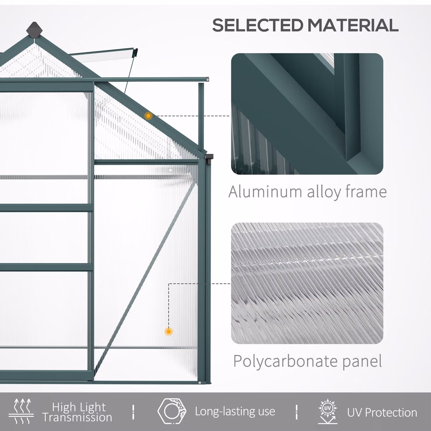 Outsunny Aluminium Frame Large Walk-In Greenhouse with Galvanised Steel Base and Sliding Polycarbonate Doors – 4