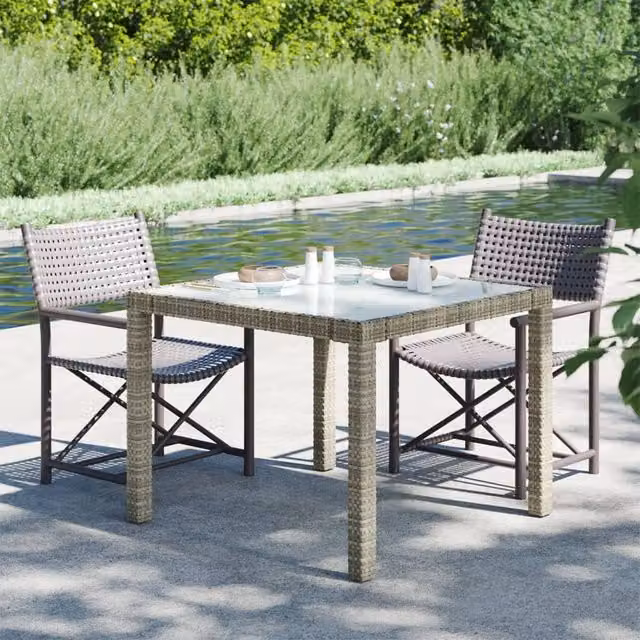 Berkfield Home Grey Poly Rattan Garden Table with Tempered Glass Top W/D/H: 90 x 90 x 75 cm – 1